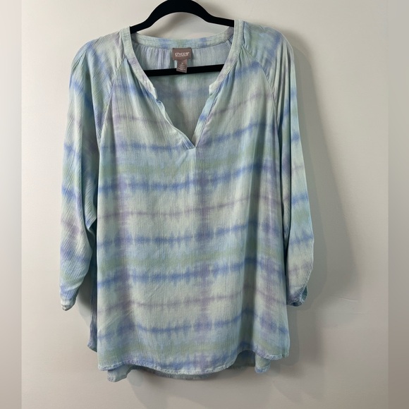 Chico’s Women Size 2 LG 12 Tie Dye Crinkle Pop Over Top Blouse Red stripe top - Picture 1 of 13